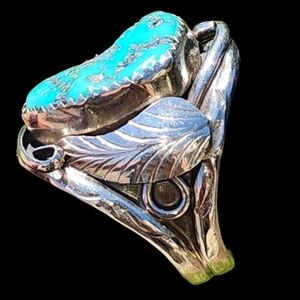 Artisan Turquoise Sterling Silver Native American Leaf Ring Size 10 Jewelry